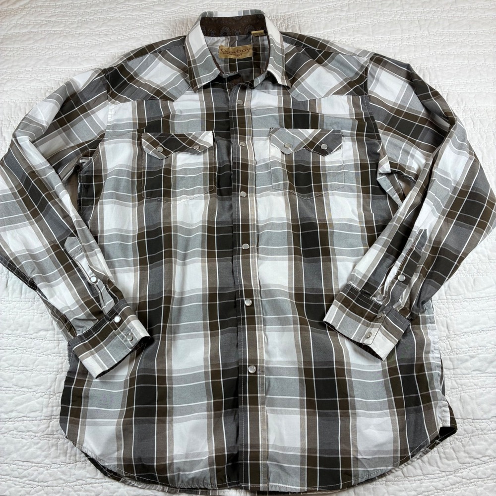 Cowboy Legend Western Shirt Mens XL Brown Plaid Pearl Snap Long Sleeve Cotton